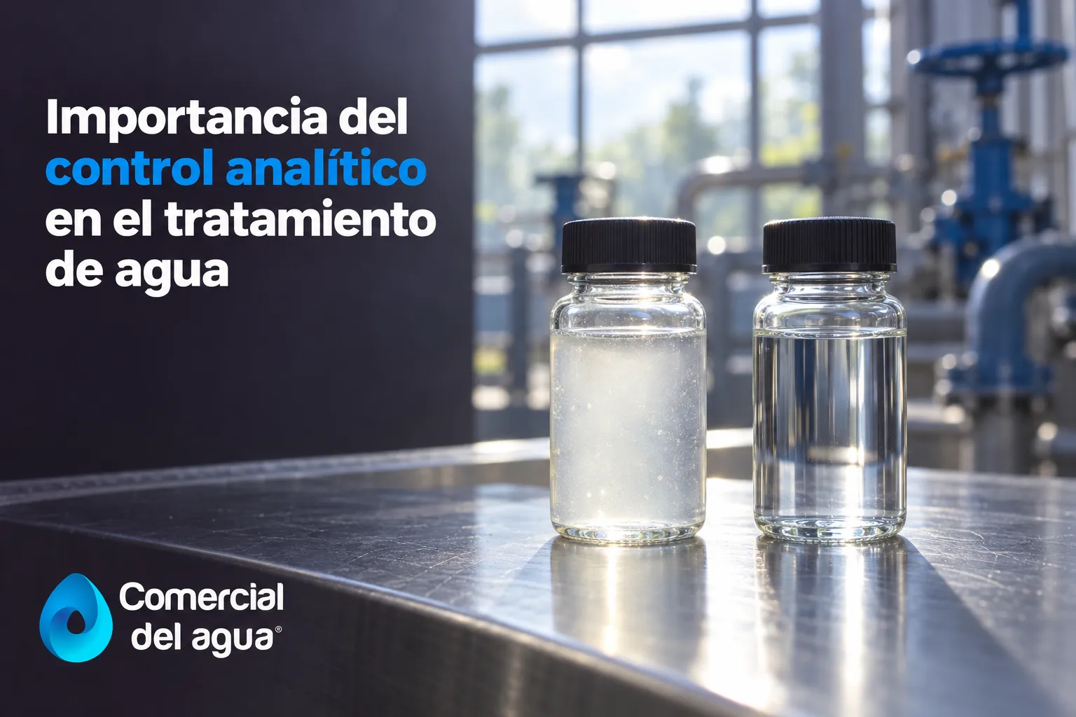 Dos frascos transparentes con tapa oscura sobre una mesa de laboratorio.