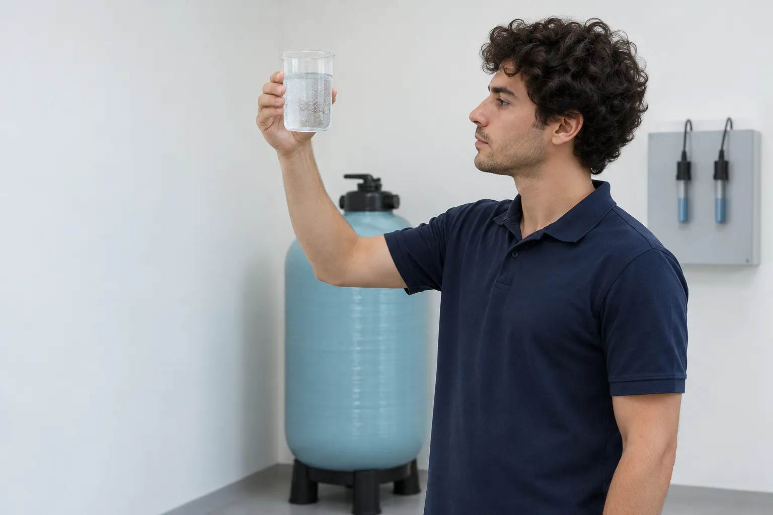 Un hombre observa un vaso con agua frente a una instalación de filtración en una sala de laboratorio.