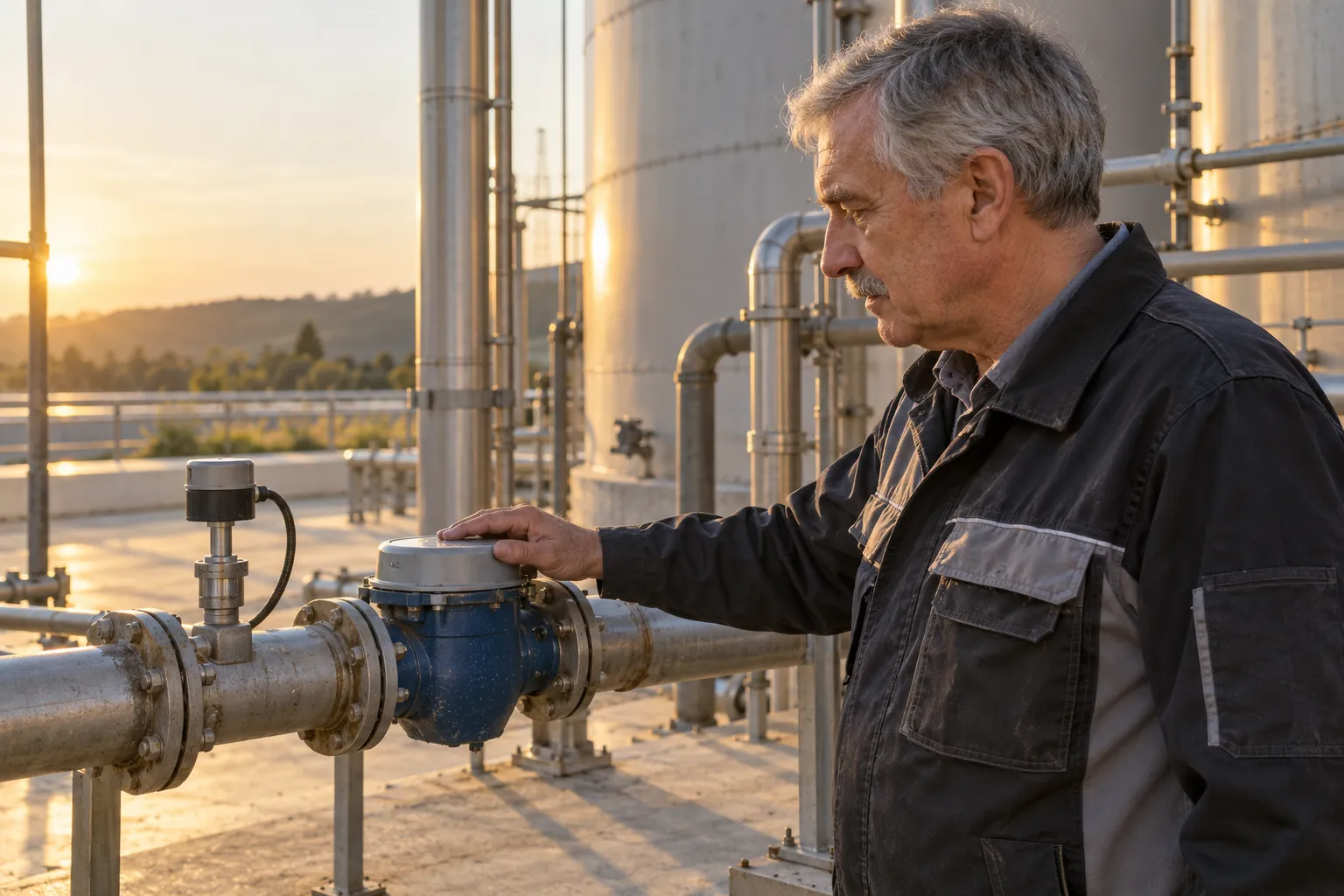 Personal técnico ajusta una válvula en una planta de tratamiento o industria durante la puesta de sol.